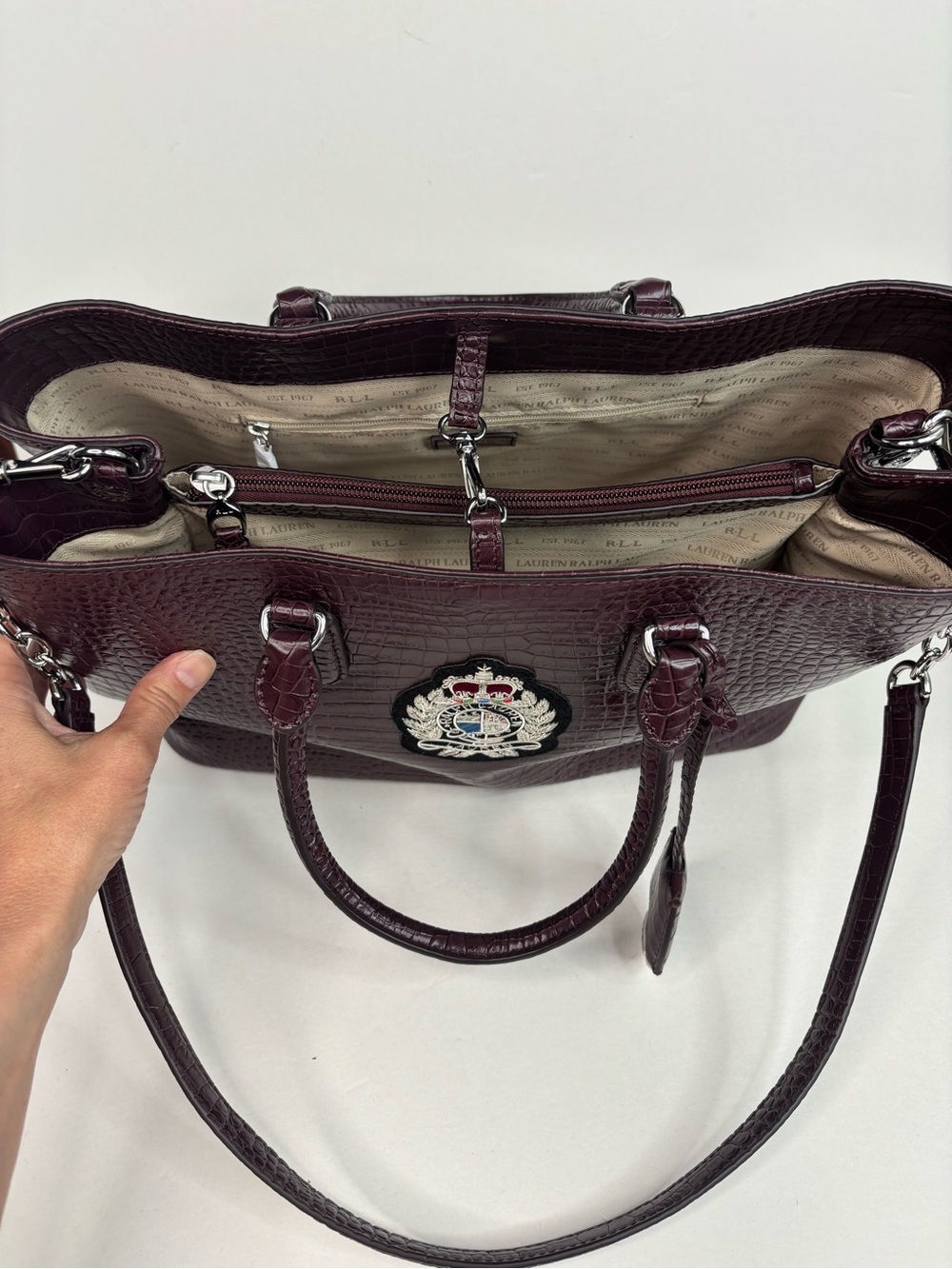 Ralph Lauren Bullion Large Marcy Satchel Croc-Embossed Mahogany Leather Bag - Picture 8 of 16